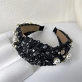 Elegant black tweed headband decorated with white pearls and sparkling rhinestones - Black Pearl Headband