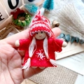 Handmade Christmas girl ornament with red felt body, wooden beads, and striped knit hat - Red White Striped Hat Snowflake Red Dress Doll (A9)