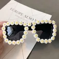 Fashionable oversized black square sunglasses featuring white 3D daisy flower decorations - No. 14 (Daisy Square Frame)