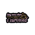 Black enamel pin featuring long story short floral design with golden metal outlines - Black Pink Flower Quote