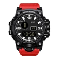 Rugged dual-display sport watch with black case and durable red woven strap for outdoor - Red