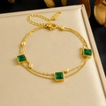 Double-layer gold plated stainless steel bracelet with three green square gemstones - Double-layer Gold Chain Green Square Gemstone Style (B1909)