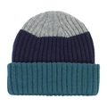 Close-up of tricolor ribbed knit beanie in light grey, dark blue, and teal for kids - Teal Navy & Light Gray