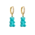 Golden hoop earrings with zircon stones and turquoise gummy bear pendants on white background - Gold Turquoise