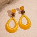 Retro resin geometric teardrop earrings in amber yellow and brown with gold metal accents - Yellow (Silver Earring Post)