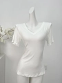 Slim fit white V-neck short sleeve T-shirt for women in soft knit cotton fabric - S / White (Slightly Transparent)