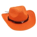 Detail of orange woven cowboy hat with bull head buckle and silver studded black band - One Size / Orange