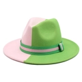 Sombrero Fedora de lana bicolor rosa y verde con ala ancha y cinta a rayas - M (56-58cm) / Rosa + Verde Lima + Cinta