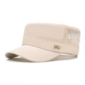 Beige quick-dry flat top army cap with breathable mesh and 95 metal logo decoration - Beige