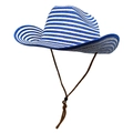 Detail of blue and white striped straw cowboy hat with adjustable brown chin strap cord - M (56-58cm) / Sapphire Blue