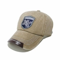 Detail of NY embroidery on khaki washed cotton baseball cap with brown leather brim edge - M (56-58cm) / Khaki