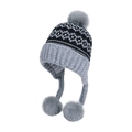 Winter Fair Isle knit earflap hat with fleece lining and grey faux fur pom-poms - Gray