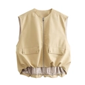 Gilet cargo senza maniche da donna beige con cerniera e orlo con coulisse regolabile - XS / Albicocca