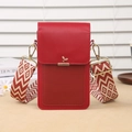Red crossbody phone bag with litchi texture, golden leaf buckle and ethnic woven strap - Red
