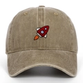 Close-up of small rocket embroidery on washed cotton twill khaki baseball cap - Adjustable / Khaki