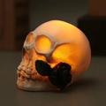 Realistic skull LED lamp with black rose and warm yellow glow for Halloween decor - Black Rose in Mouth Style