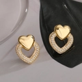 Orecchini a cuore placcati in oro con zirconi brillanti su elegante seta grigia - Stile Doppio Cuore Micro-pave Zirconia Bianca / Oro(44668)