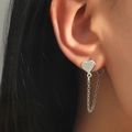Silver heart stud earrings with elegant long dangling chain tassel for a minimalist look - Silver Tone Heart Dangle Chain Style (DZ-595)