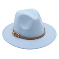 Detail of light blue wool felt fedora hat with brown leather band and golden buckle - M (56-58cm) / Sky Blue (Heart Buckle Belt)