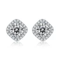 Classic S925 sterling silver halo stud earrings with round brilliant cut lab diamonds - Moissanite Cushion Halo Style (S17A) / Moissanite + S925 Silver
