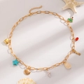 Bohemian gold chain necklace featuring sea star and shell charms for ocean style - KC Gold Ocean Element Necklace (9645)