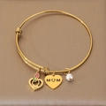Adjustable gold MOM heart charm bracelet with pink enamel rose and pearl detail - Enamel Rose Mom Style (KB203659-Z)