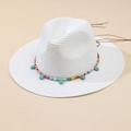 Cappello di paglia bianco stile Panama con perline colorate e ciondoli turchesi - M (56-58cm) / Bianco
