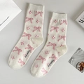 Chaussettes en coton beige avec nœuds roses, étoiles et texte fly socks style mignon - Taille unique / Nœud Rose