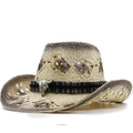 Cappello da cowboy in paglia a tesa larga con teschio di toro e nastro tribale - 03 Nero Riso