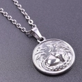 Macro shot of silver fox and crescent moon embossed pendant on metal chain necklace - Pendant with Necklace / Silver