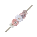Handmade flower headband for kids featuring five fabric blossoms in white pink and tan - Pink/White/Light Brown Mix