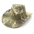 Detailansicht der metallischen Gold-Schwarz-Schlangenlederstruktur auf einem Cowboyhut - M (56-58cm) / Gelb