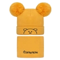Yellow baby knit hat and scarf set with pom poms and cute bear embroidery for winter - Yellow