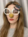 Detail of Christmas party glasses featuring snowflakes, a mini top hat, and golden nose decoration - White / Hat with Nose Clip