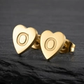 Polished gold stainless steel heart stud earrings with letter O engraving and butterfly backs - Letter O / Gold