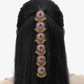 Bohemian gold head chain with pink roses and tassels displayed on long black hair - Rose Red