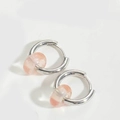 French vintage silver hoop earrings with pink beaded translucent charms on white surface - Pink Agate Hoop Earrings