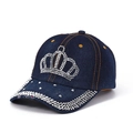 Detail of blue denim baseball cap with rhinestone crown and distressed brim - Adjustable / Deep Blue Denim