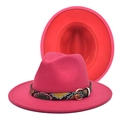 Two-tone wool fedora hat in rose pink and red with a stylish snakeskin buckle belt - Rose Red + Red