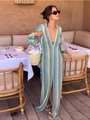 Bohemian V-neck crochet maxi dress with colorful geometric stripes and long sleeves - S / Sky Blue