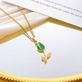 Golden tulip pendant necklace with green cat-eye stone and white zircon accents - Green Cat's Eye Necklace / Gold