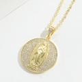 Gold-plated religious Virgin Mary relief necklace with pavé zircon round pendant - Full Zirconia Virgin Mary
