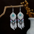 Bohemian silver earrings with turquoise inlay and colorful feather tassel details - Multicolor(E3819-2)
