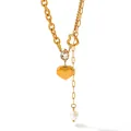 Gold-plated layered chain necklace with heart pendant, crystal drop, and white pearl - White Zirconia (KCD812)