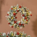 Corona navideña de 40cm con agujas de pino, piñas y adornos en rojo y dorado - Corona Decorada de 50CM (Rojo Oro) Con Luces LED