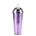 Purple double-wall 24oz straw tumbler with silver dome lid and glitter leopard pattern - Style G/Purple Sequins