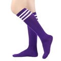 Detail of purple knee-high socks with three white stripes and soft cotton knit texture - One Size / Purple with White Stripes