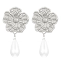 Elegant silver metal flower earrings featuring a textured bloom and white pearl drop - White K Flower Pearl (4698)