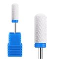 White bullet ceramic nail drill bit with cross texture and blue protective storage box - HF-46 Ceramic Nail Drill Bit