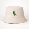 Detailed view of frog embroidery on cream cotton bucket hat with parallel stitched brim - M (56-58cm) / Beige